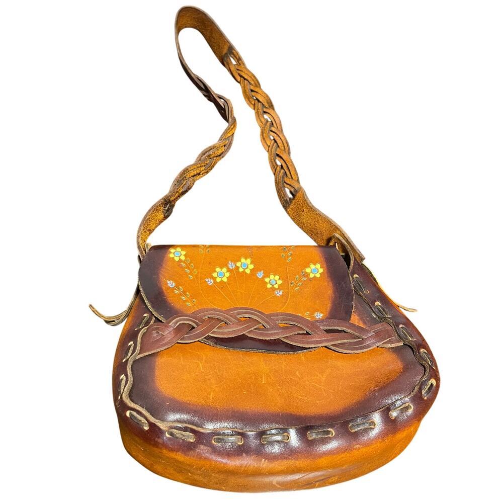 Vintage 1970's Tooled Crossbody Leather Bag Hand Painted Boho Western Purse